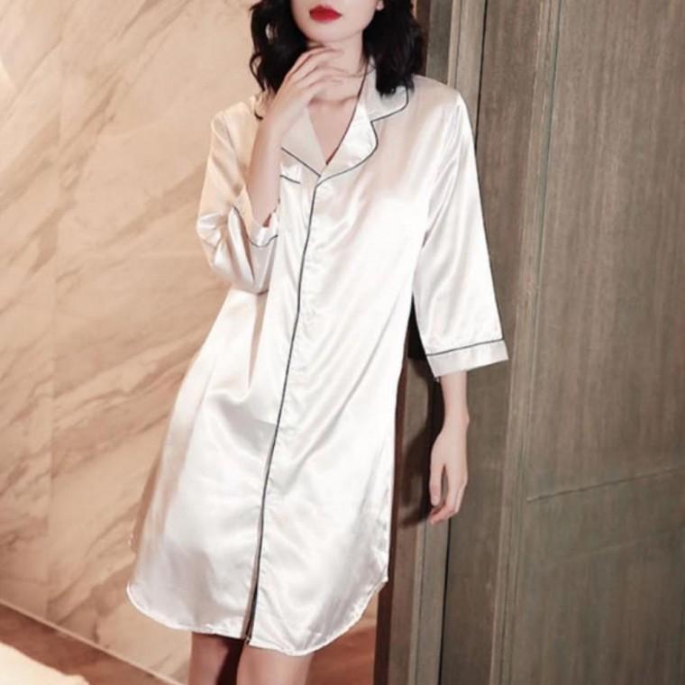 여성 실츠 셔츠 잠옷 카라 반팔 파자마 원피스 7부 7부 실크