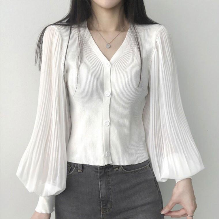 브이넥 퍼프 플 블라우스 골지 가디건 DK-1003453