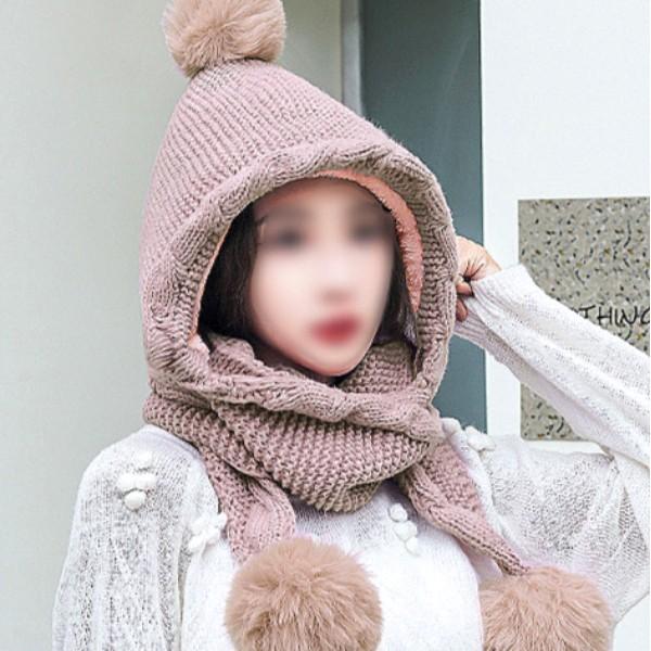 융털 방울 후드 넥워머 여성 목도리
