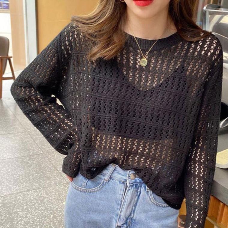 여름 여자 펀칭 긴팔 니트티 1P 레이어드 커버업 망사
