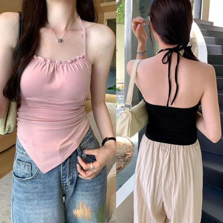 홀터넥 여자 주름 끈나시 티셔츠 1P 이너 슬림핏 여름