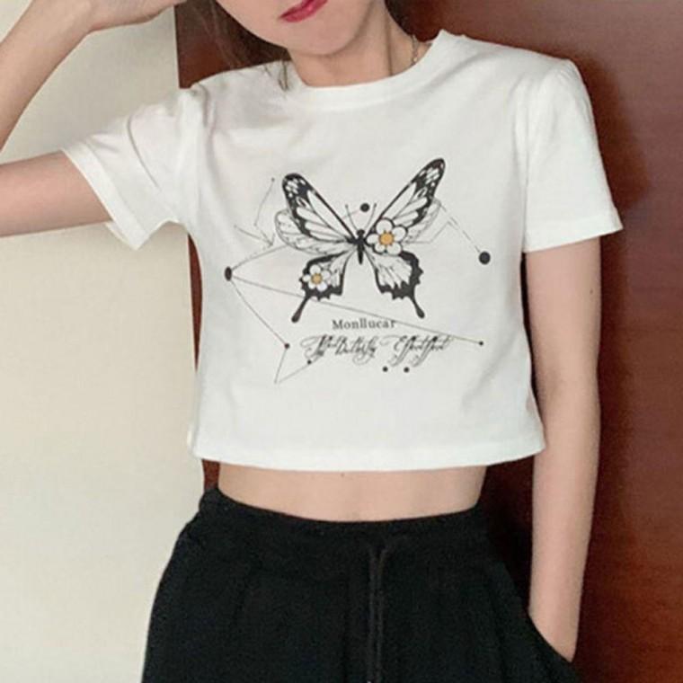프린팅 여자 나비 크롭 반팔티 1P 캐주얼 패션 티셔츠
