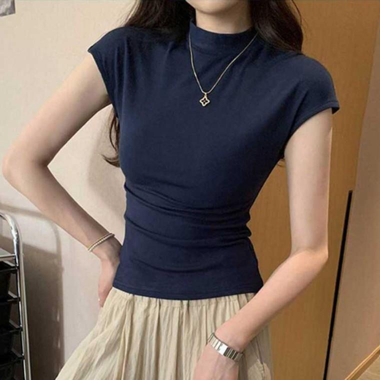 하프넥 여자 캡소매 반팔티 1P 간절기 이너 티셔츠 패션