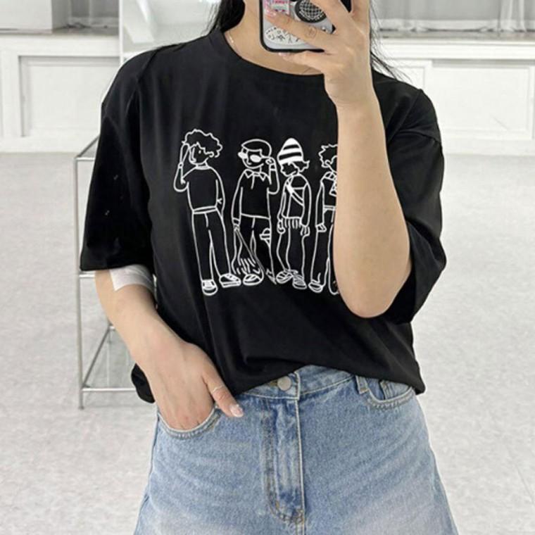 패션 여자 여름 드로잉 반팔티 1P 루즈핏 데일리 티셔츠