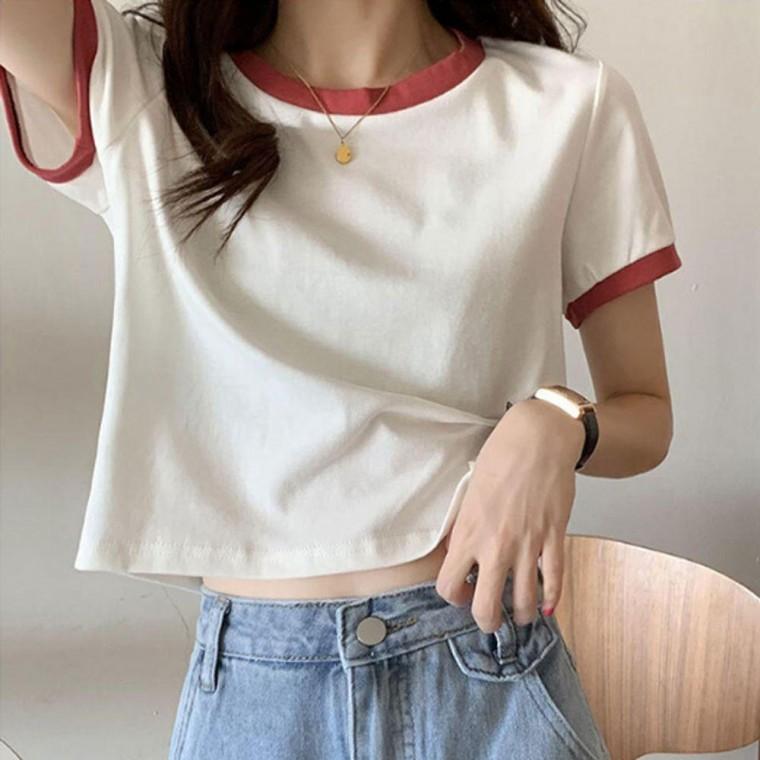 투톤 여자 배색 베이직 반팔티 1P 캐주얼 패션 티셔츠