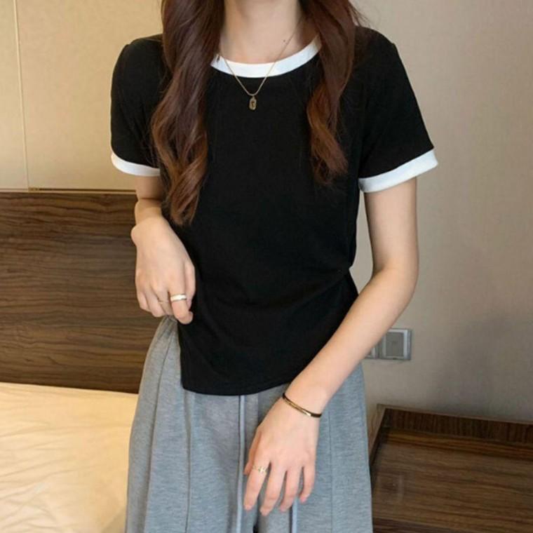 투톤 여자 배색 사선 반팔티 1P 데일리 셔링 티셔츠