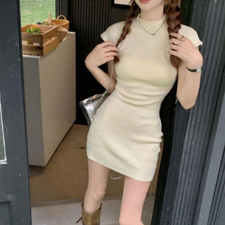 하이넥 여자 캡소매 미니 원피스 1P 슬림핏 반팔 치마