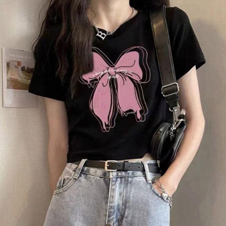 러블리 여자 리본 크롭 반팔티 1P 스트릿 패션 티셔츠