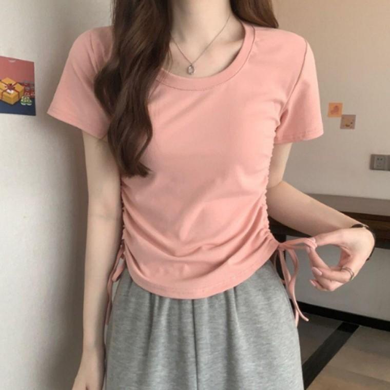 사이드 여자 셔링 크롭 반팔티 1P 루즈핏 패션 티셔츠
