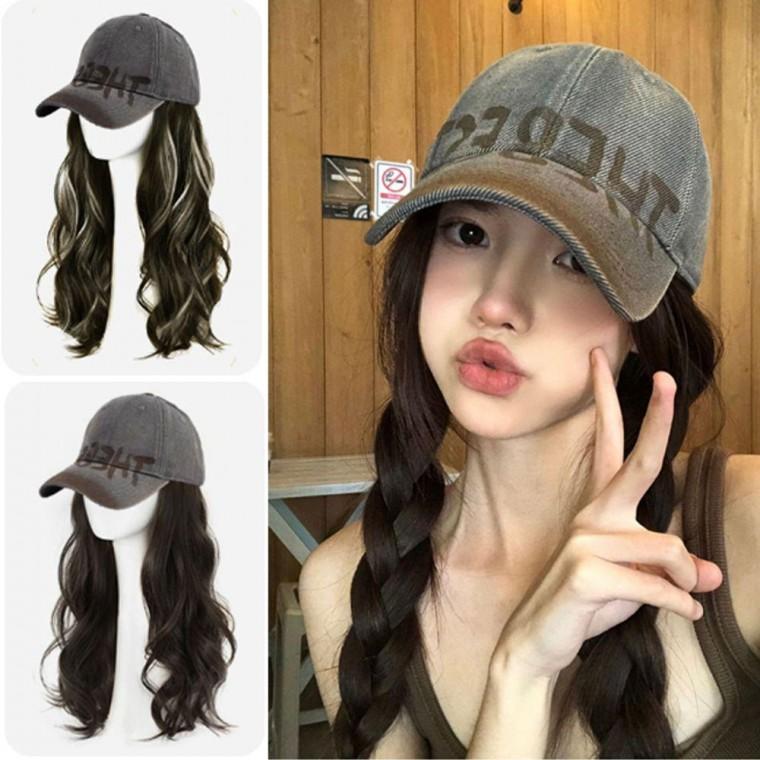 일채형 여자 긴머리 가발 캡모자 흑갈색 1P 패션 모자