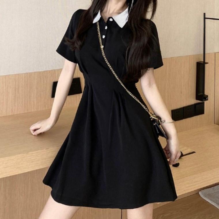 하트 여자 버튼 카라 반팔 미니 원피스 블랙 1P 치마