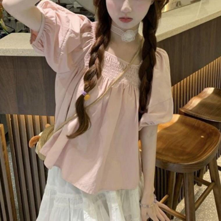벌룬 여자 반팔 블라우스 1P 팔뚝 보정 밴딩 셔츠