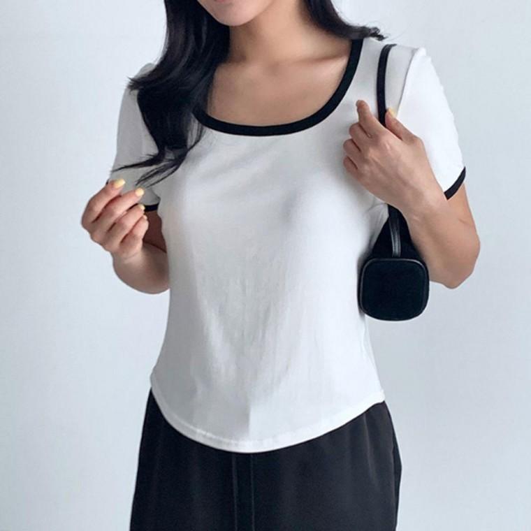 포인트 여자 배색 반팔티 1P 루즈핏 깔끔한 티셔츠