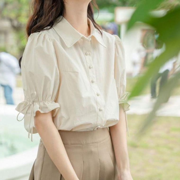 퍼프 여자 스트링 반팔 블라우스 아이보리 1P 셔츠