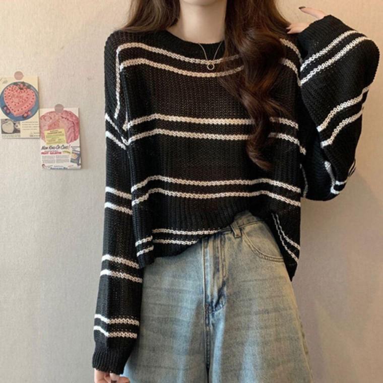 여름 여자 시스루 긴팔 니트티 1P 레이어드 커버업