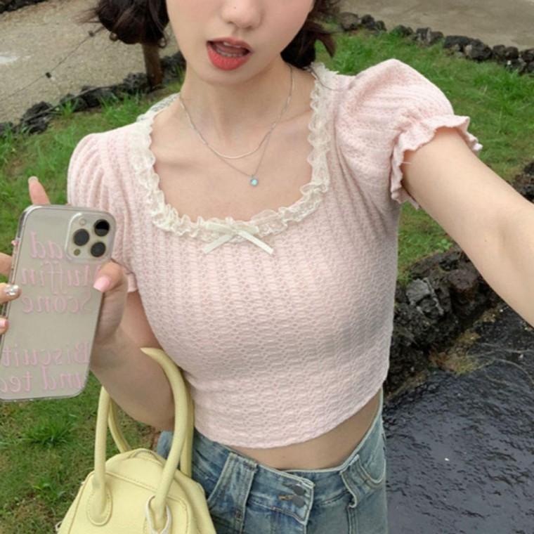 레이스 여자 주름 크롭 반팔티 1P 스퀘어넥 티셔츠