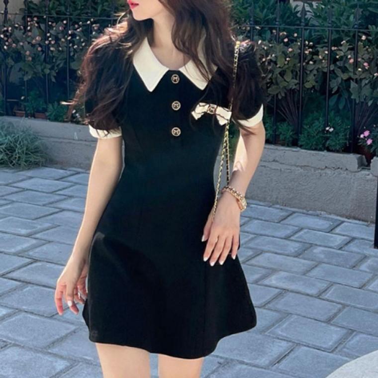 리본 여자 브로치 A라인 미니 원피스 블랙 1P 여름