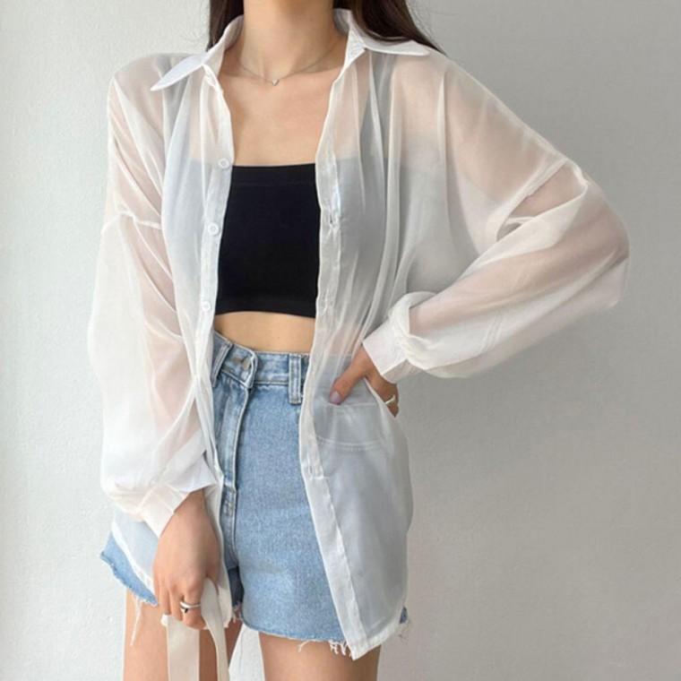 가벼운 여자 시스루 카라 셔츠 1P 여름 비키니 커버업