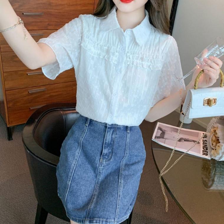자수 여자 프릴 반팔 블라우스 화이트 1P 카라 남방