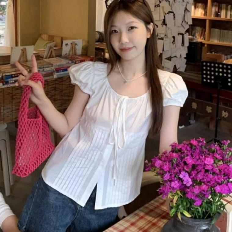 U넥 여자 핀턱 반팔 블라우스 화이트 1P 여름 셔츠