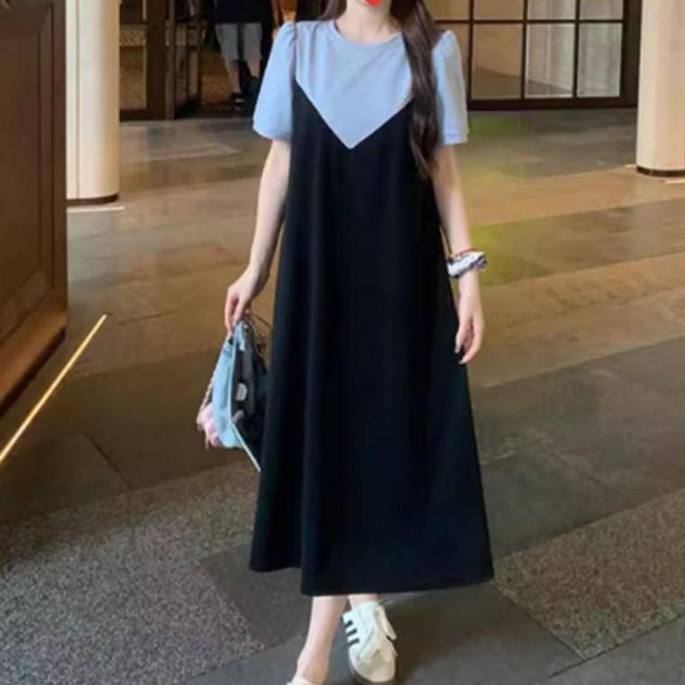 페이크 여자 레이어드 반팔 롱원피스 블랙 1P 여름 치마