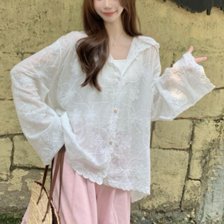 플라워 여자 시스루 후드 가디건 화이트 1P 자수 긴팔 외투