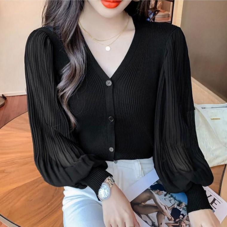브이넥 플 퍼프소매 블라우스 골지 데일리 가디건
