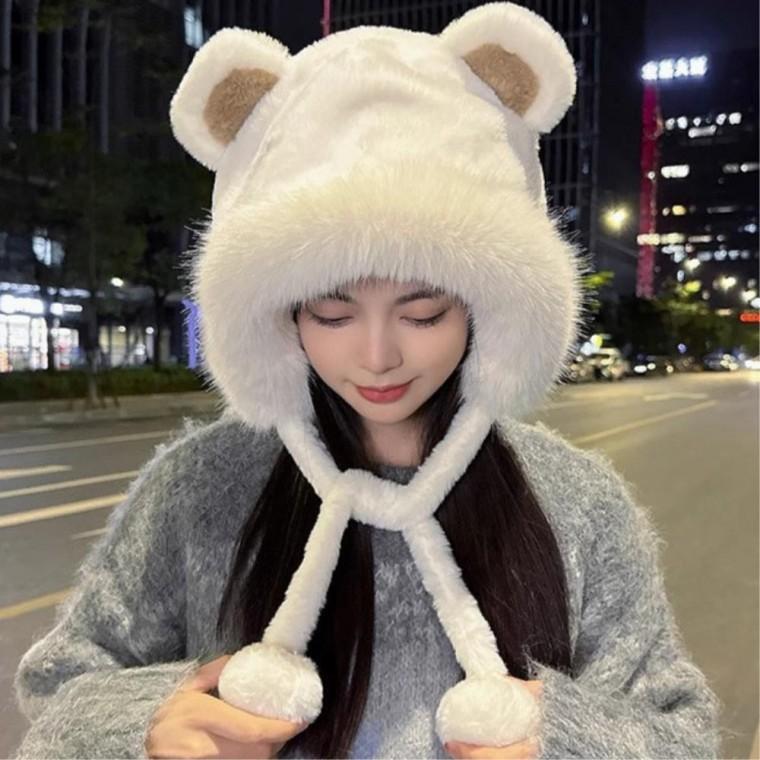 방한후드모자 여친선물 곰돌이귀 귀달이방한모 털모자 캐주얼털모자 캐주얼모자 귀달이 보온모자 등산모자