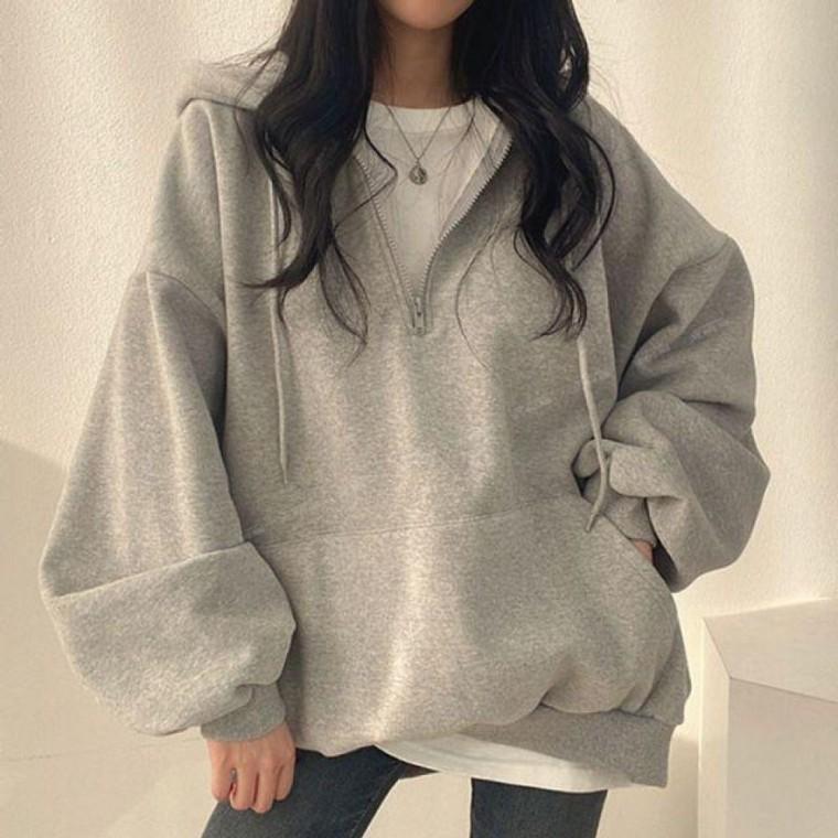 무지 후드 티 반집업 지퍼 티셔츠 긴팔 루즈핏 여성