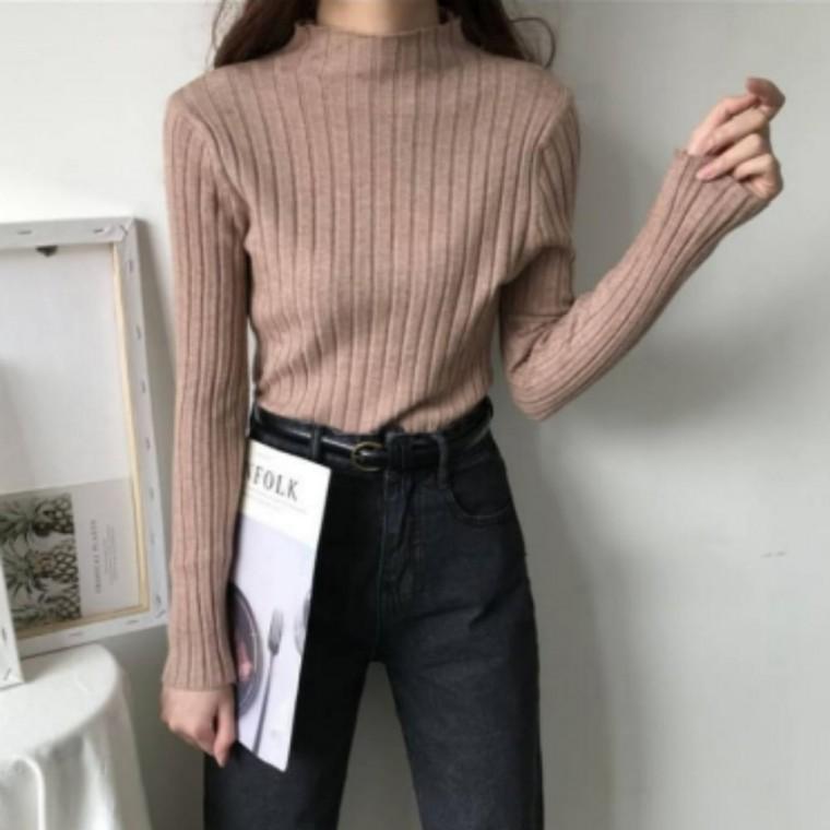 여성 여자 골지 슬림핏 긴팔 이너 폴라티 반목 티셔츠