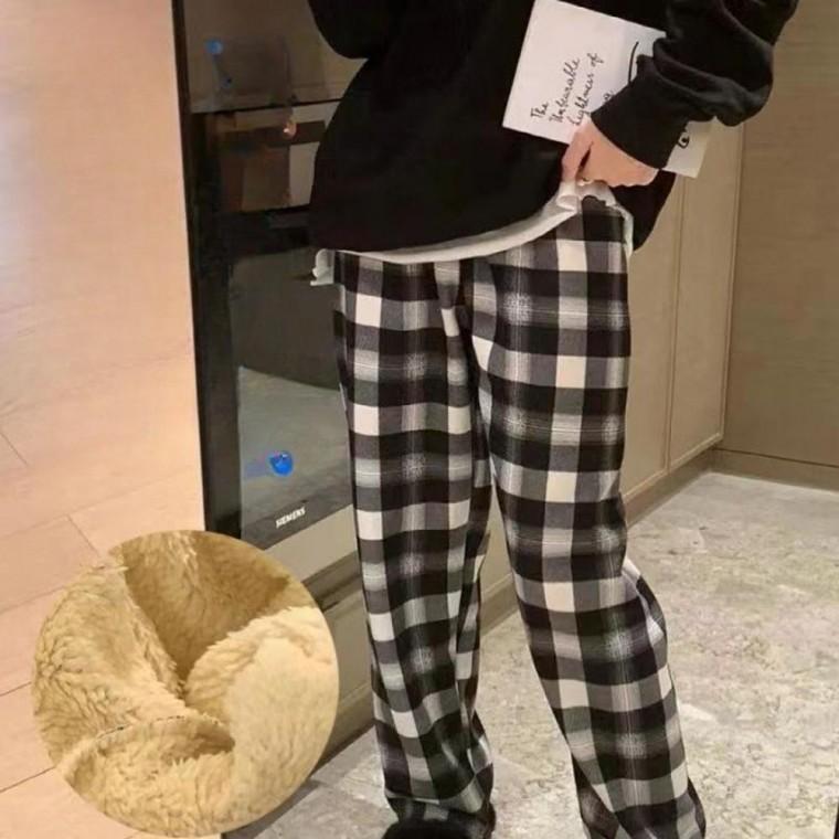 방한 겨울 팬츠 일자핏 와이드핏 체크무늬 기모 바지 기모 남성 도톰