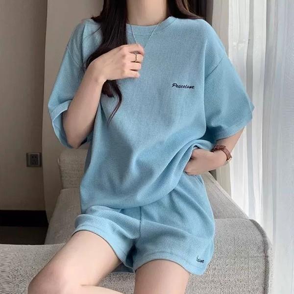 여름 와플 파자마 반팔 세트 여자 홈웨어 꾸안꾸룩