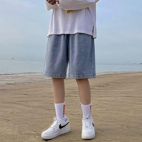 남자 루즈핏 워싱 와이드 데님 반바지 스트릿 팬츠