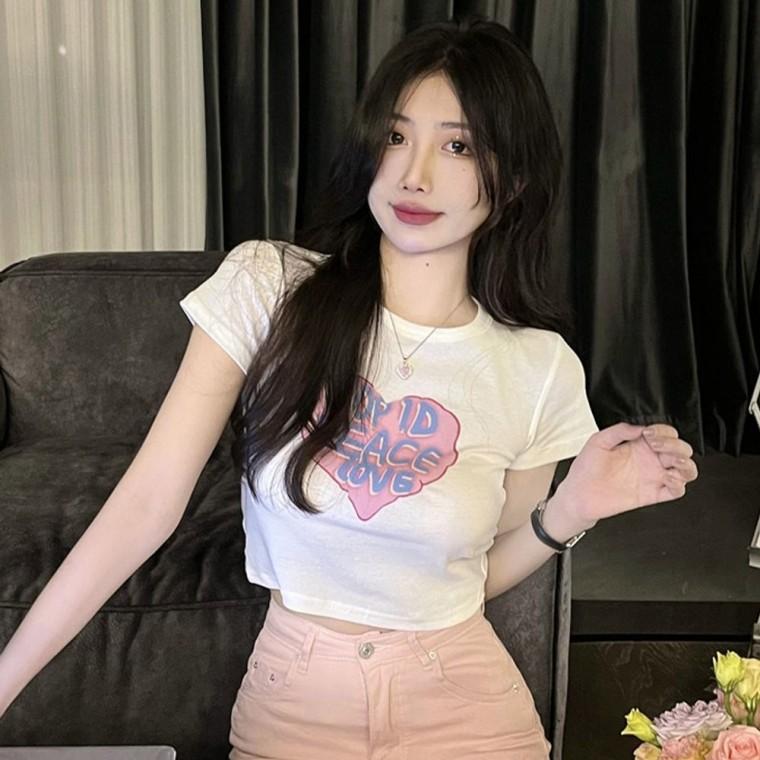 하트 여성 크롭 반팔티 프린팅 여자 여름 반팔 티셔츠
