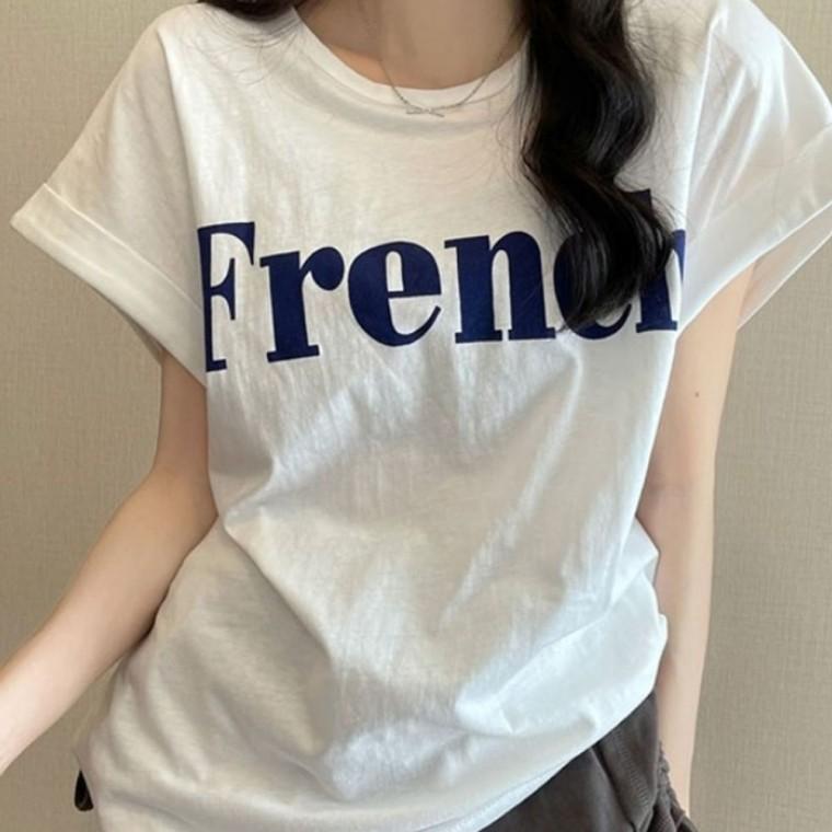 프렌치 여자 반팔 티셔츠 롤업 여름 상의 여성 반팔티
