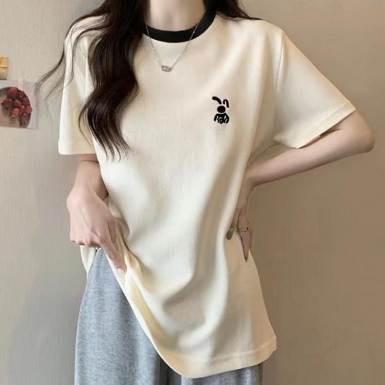 토끼자수 여자 반팔 티셔츠 라운드넥 여성 롱 반팔티