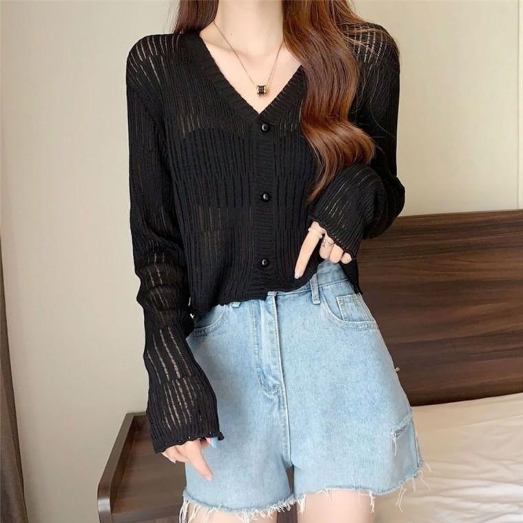 크롭 얇은 브이넥 펀칭 가디건 4color DK-0192