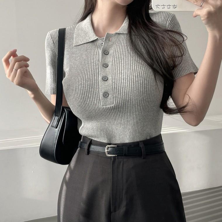 슬림핏 골지 카라 반팔 니트티 블랙 데일리룩