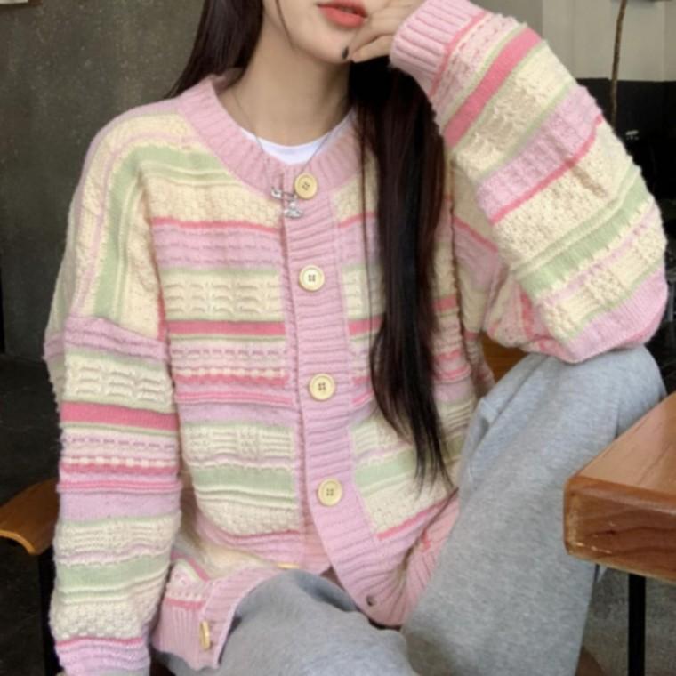 여성 라운드넥 스트라이프 배색 파스텔 가디건