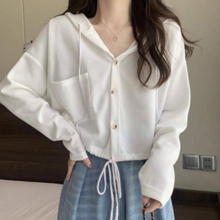 여성 후드 가디건 크롭 스트링 긴팔 캐주얼 후드티 데일리