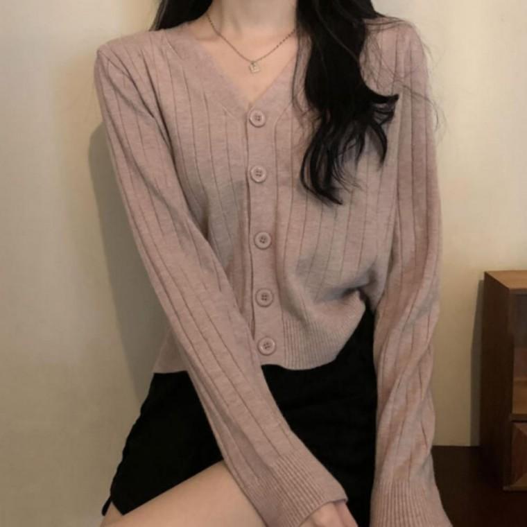 여성 세미크롭 가디건 니트 브이넥 골지 크롭 카디건 데일리