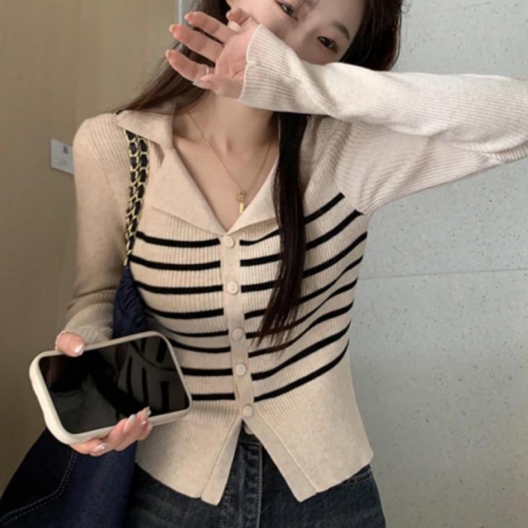 여성 니트 골지 가디건 카라 패턴 스트라이프 카디건 슬림 간절기