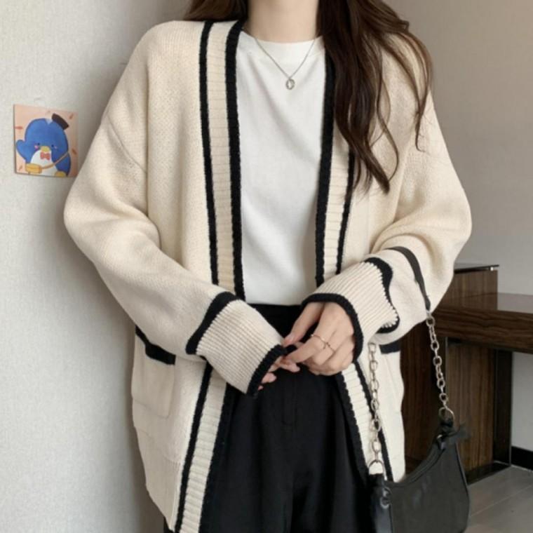 여성 노버튼 니트 롱 가디건 배색 데일리 캐쥬얼 카디건 베이직