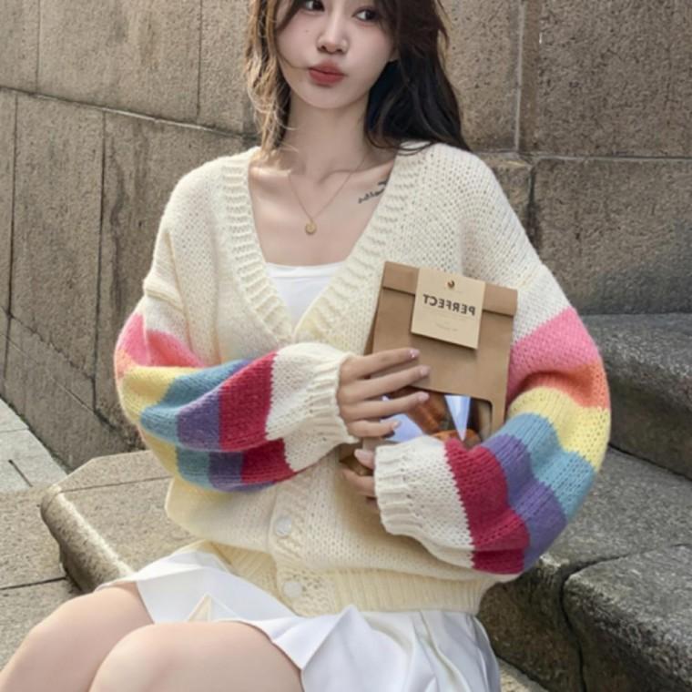 여성 니트 레인보우 가디건 소매 배색 크롭 데일리 캐쥬얼 카디건