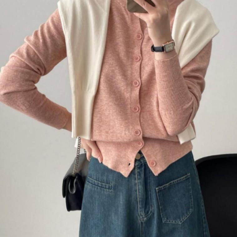 여성 버튼 니트 가디건 라운드 데일리 카디건 울 캐시미어 혼방