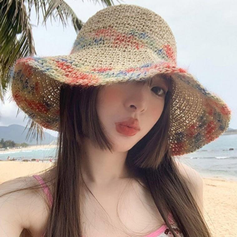 컬러 여자 배색 밀짚 모자 1P 바캉스 비치 버킷햇