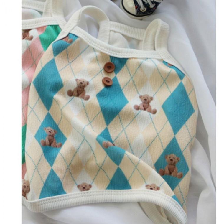 다이아 강아지 체크 곰돌이 나시티 블루 3XL 1P 외출