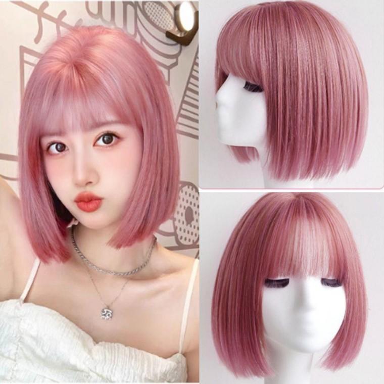 인모 여자 정수리 단발머리 가발 핑크 1P 앞머리 헤어