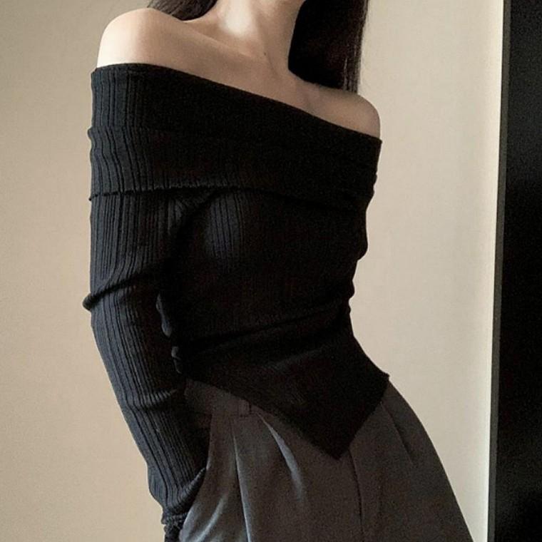여성 골지 오프숄더 긴팔 티셔츠 데일리룩