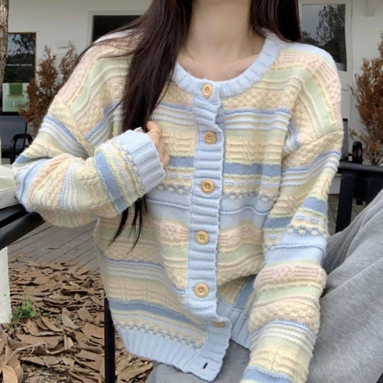 스트라이프 배색 가디건 라운드 파스텔 스트라이프가디건 배색가디건 라운드넥